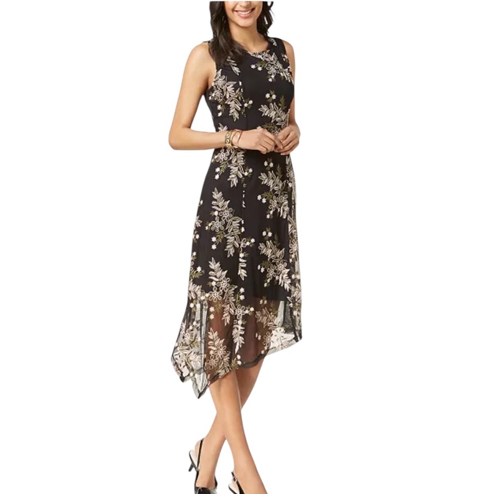 Alfani Embroidered Handkerchief-Hem Dress Midi Floral Fairy Whimsygoth Size S